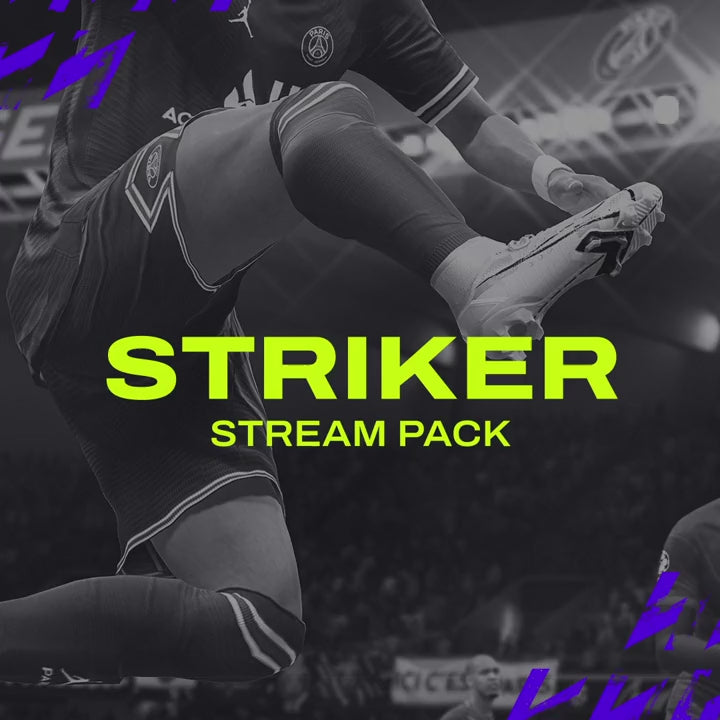 Striker Stream Pack for Twitch overlays. Vibrant green text on a dark sports background.