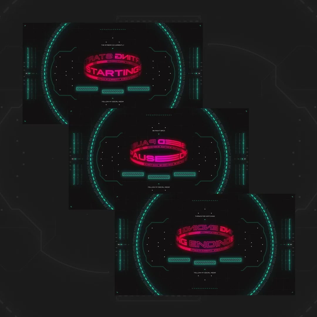 HUD Animated OBS Scenes. Dark background with neon pink and teal text: "Starting," "Paused," "Ending."