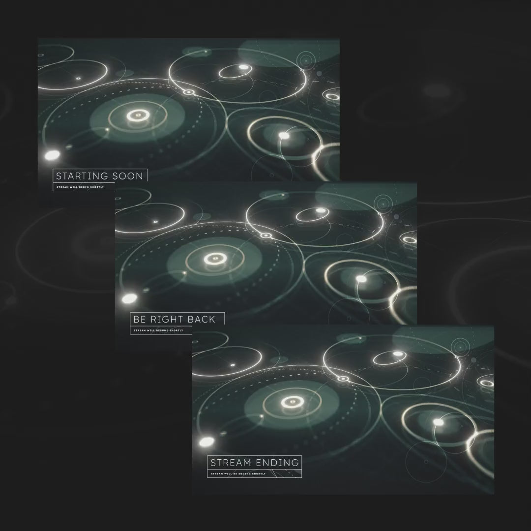 Animated Light Rings OBS Scenes. "Starting Soon," "Be Right Back," "Stream Ending" with circular designs.