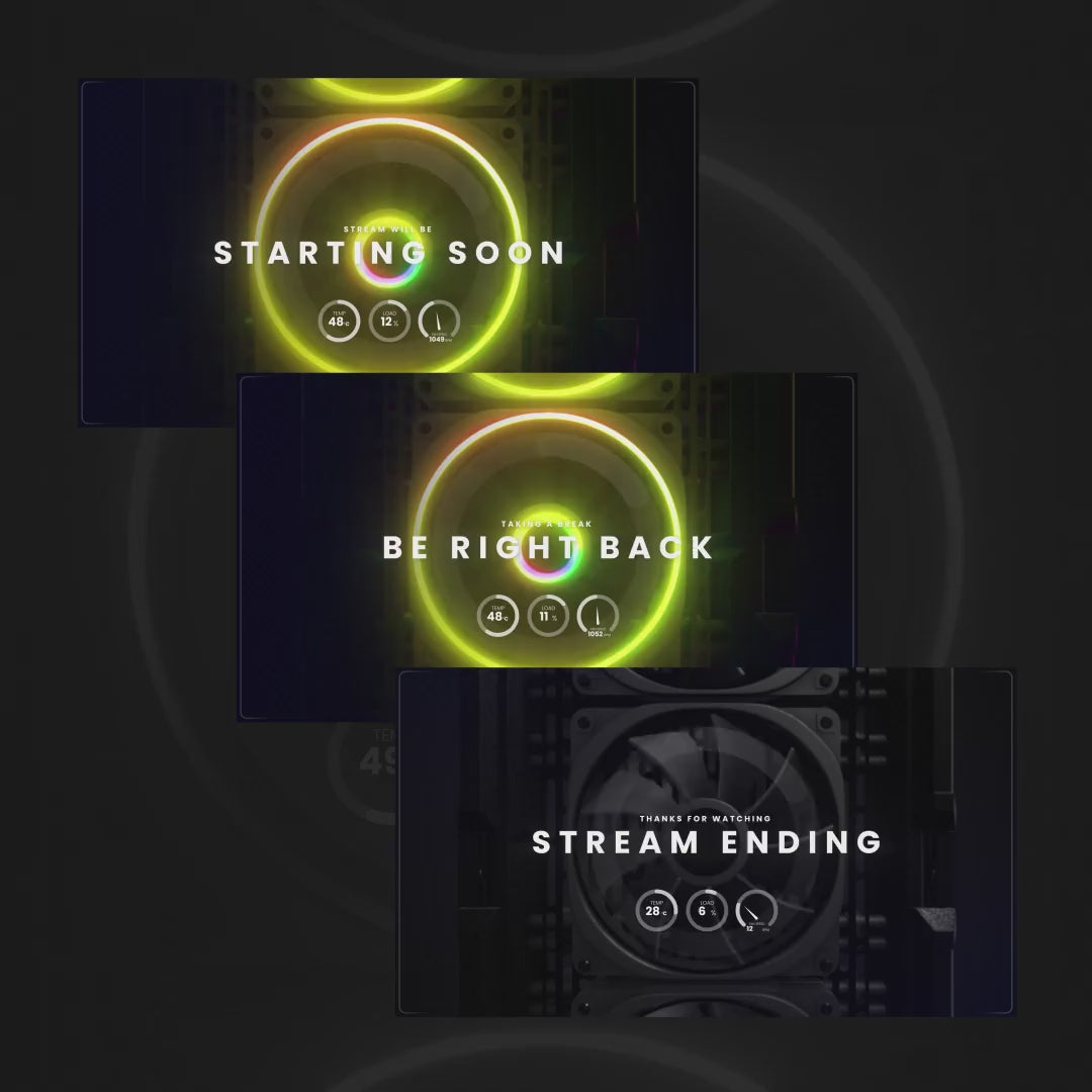 RGB 3D Animated Stream Overlays. Features "Starting Soon," "Be Right Back," and "Stream Ending" screens.