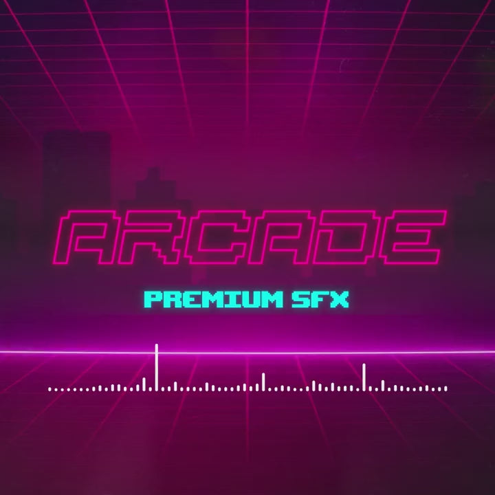 Arcade Premium Sound Effects. Bright neon colors with pixelated text and sound wave graphic.