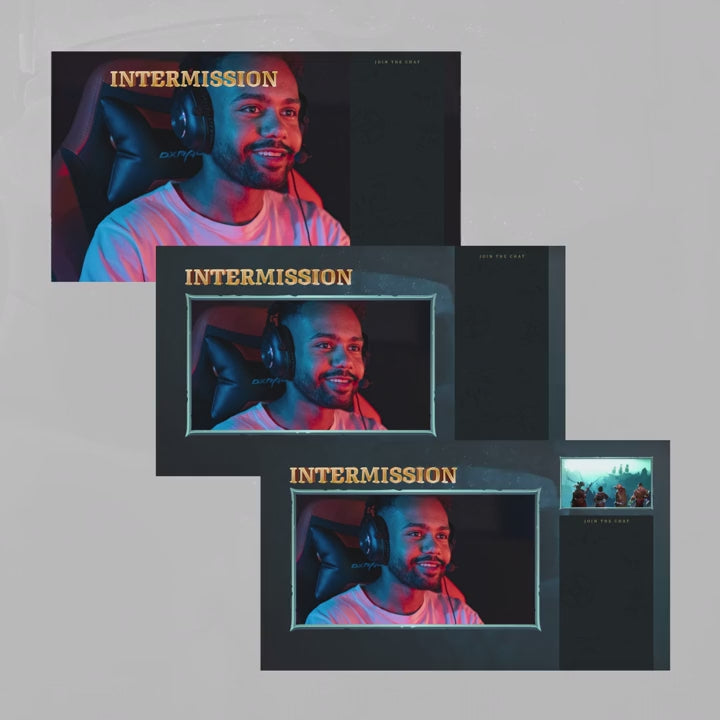 Galleon Animated Stream Overlays. Black with gold text. 'Intermission' scenes for streaming.