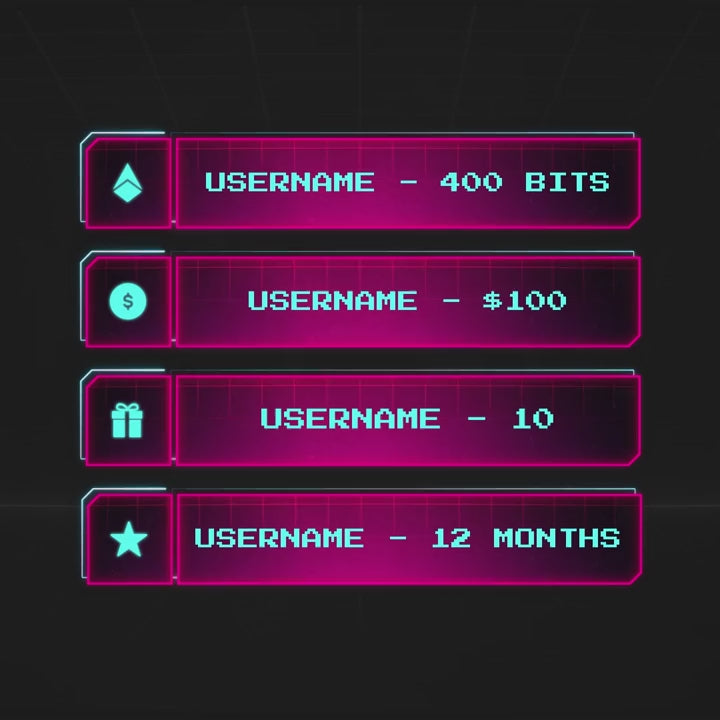 Arcade Animated Stream Overlays. Vibrant pink and blue buttons for bits, donations, gifts, and subscriptions.