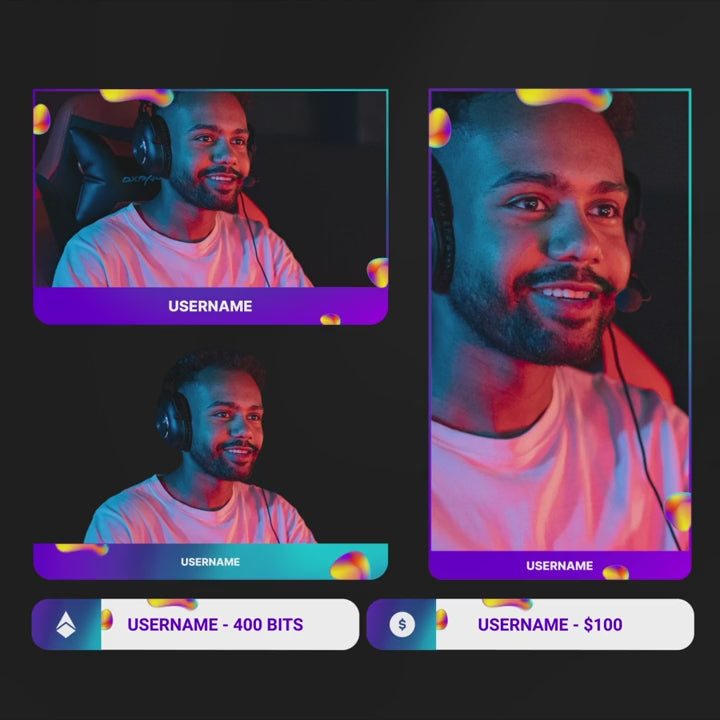 Flow Animated Webcam Overlays. Colorful cam boxes with customizable username and event icons.