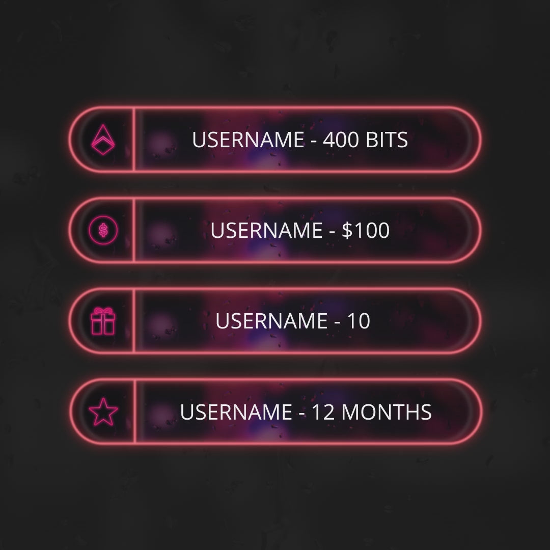 Neon Animated Stream Overlays. Dark background with pink glowing bars for Twitch alerts.