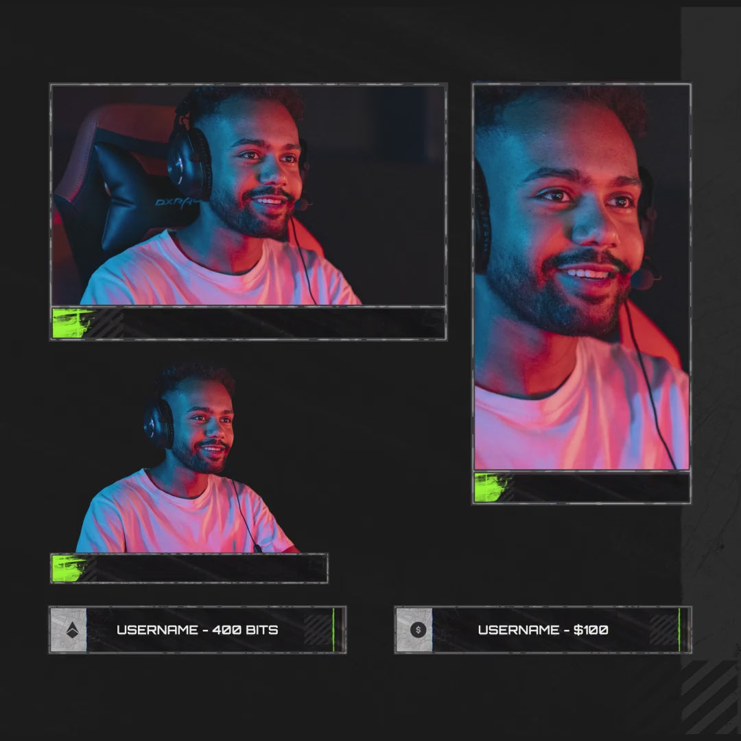 Tactical Animated Webcam Overlays. Customizable cam and event boxes with vibrant accents.