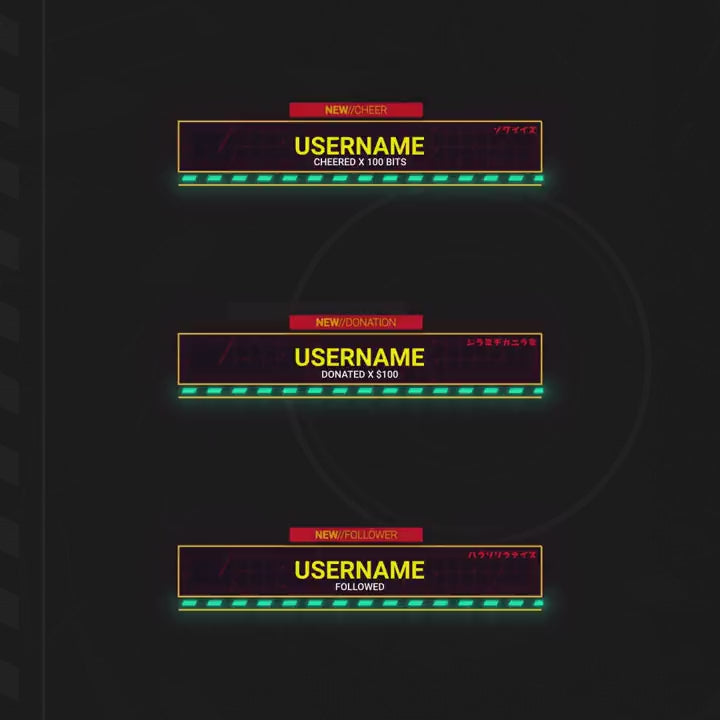 Mech Attack Animated Overlay. Modern design with bright neon colors. Alerts for cheers, donations, follows.