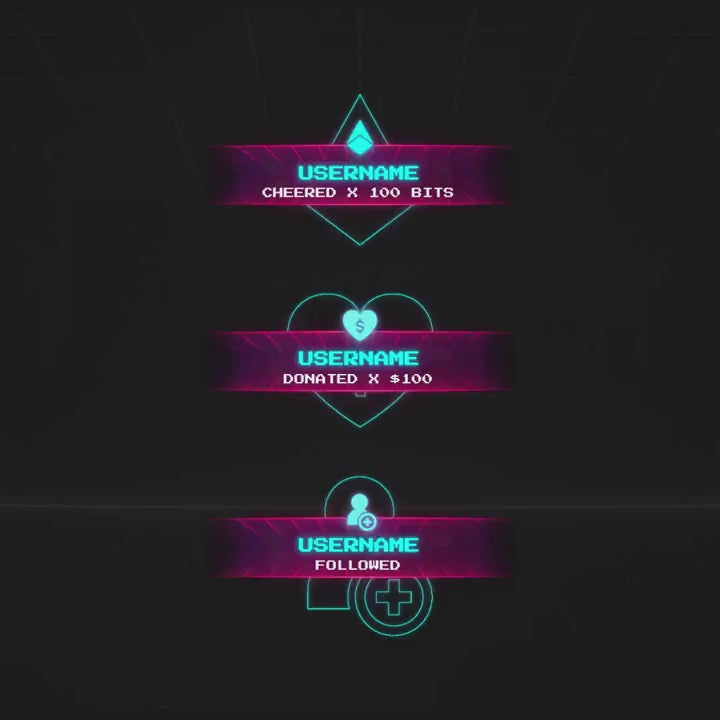 Arcade Animated Stream Notifications. Neon text on dark background. Cheered, donated, followed.