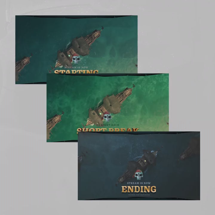 Galleon Animated Stream Overlays. "Starting", "BRB", "Ending" with pirate ship design and ocean colors.