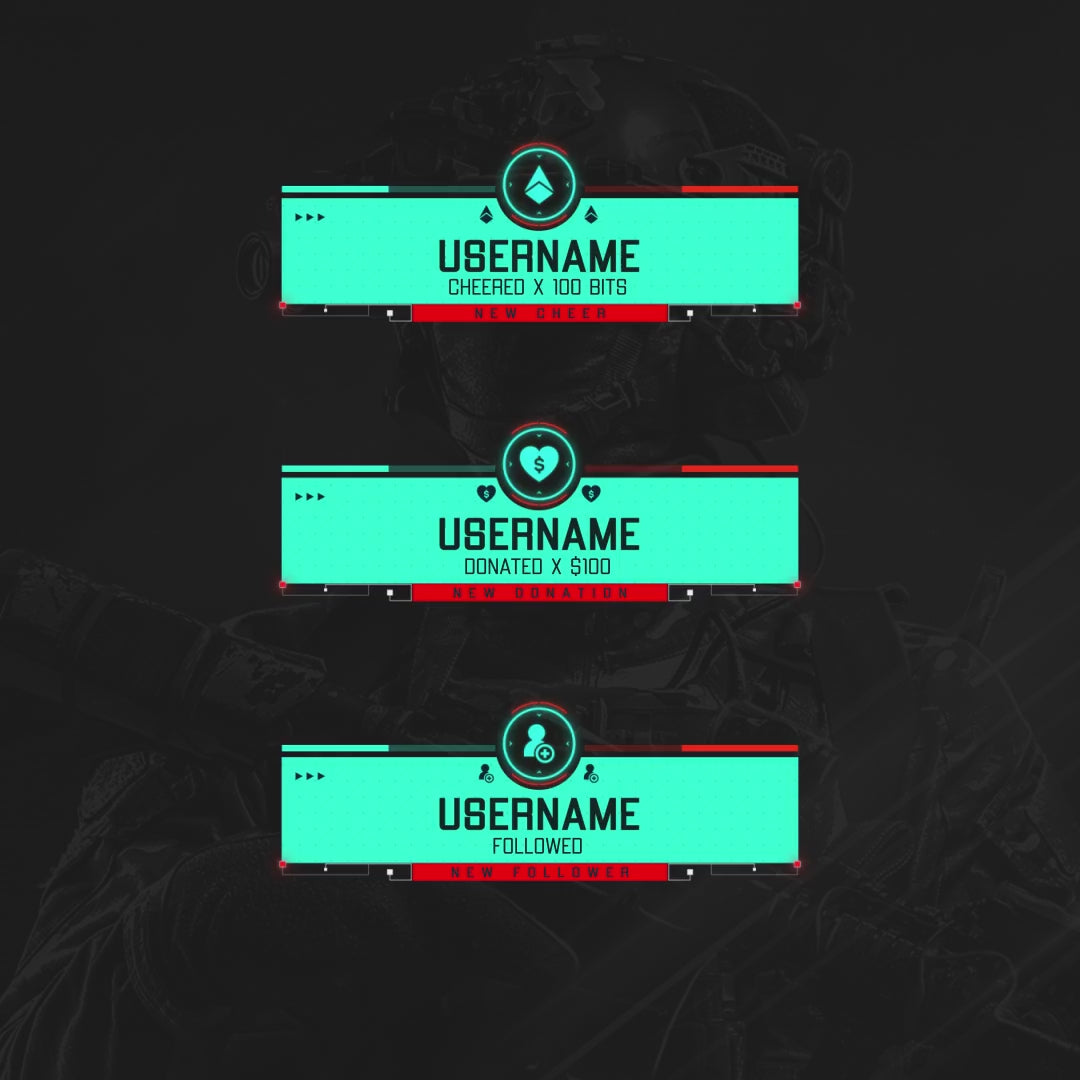 Battlezone Animated Stream Alerts. Bright teal panels for donations and follows on a dark background.