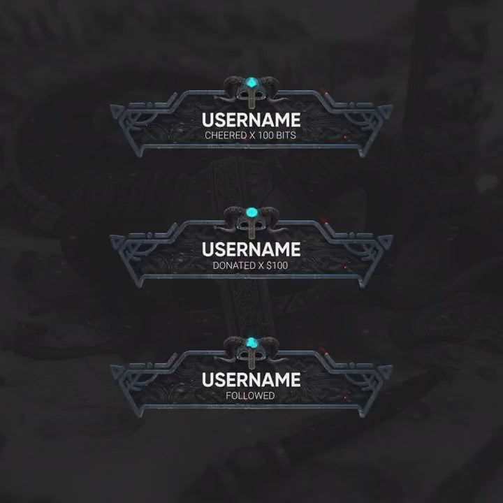 3D Animated Stream Overlays. Dark medieval design with placeholders for usernames and notifications.