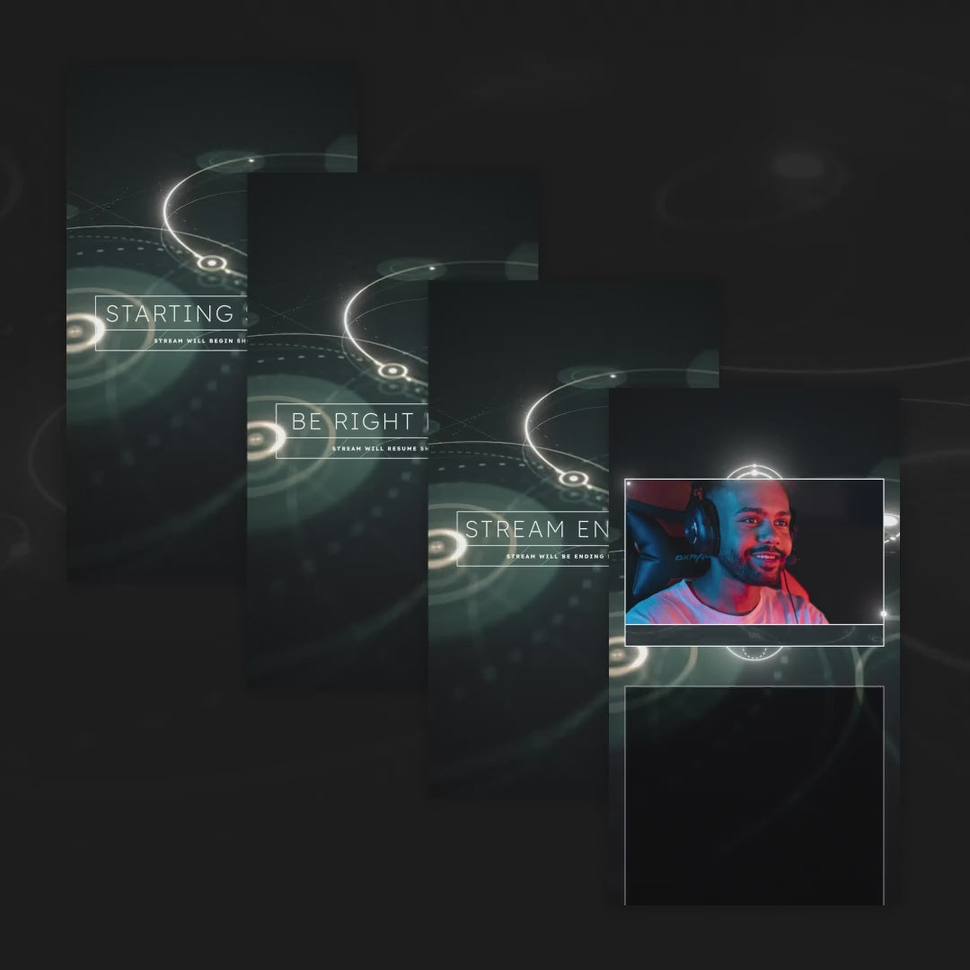 Light Rings Animated Stream Overlays. Dark background with glowing light rings and text.