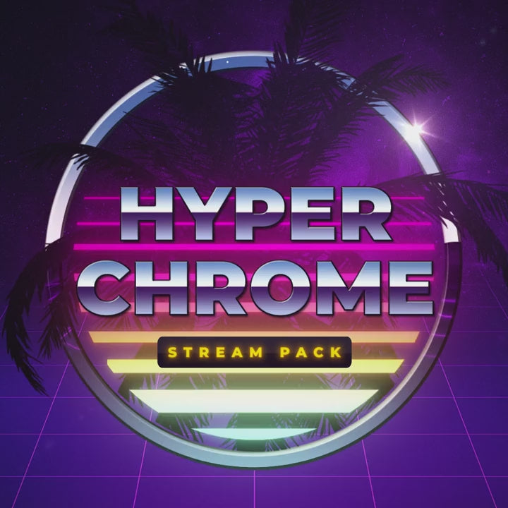 Hyperchrome Stream Pack 2D animated overlays with vibrant neon colors and palm tree design.