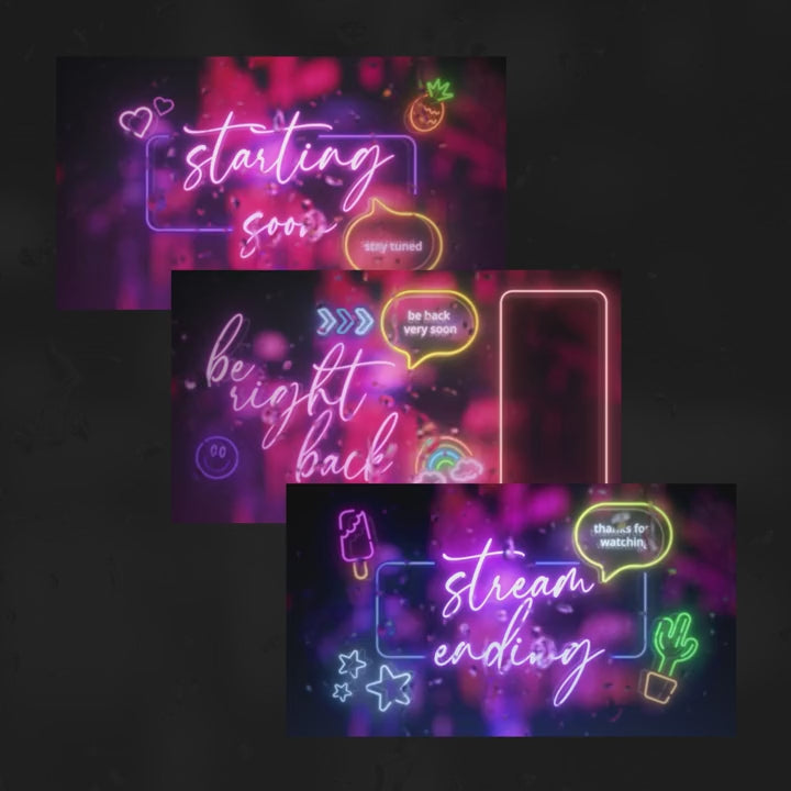 Neon Animated OBS Scenes featuring "Starting Soon," "Be Right Back," and "Stream Ending" messages.