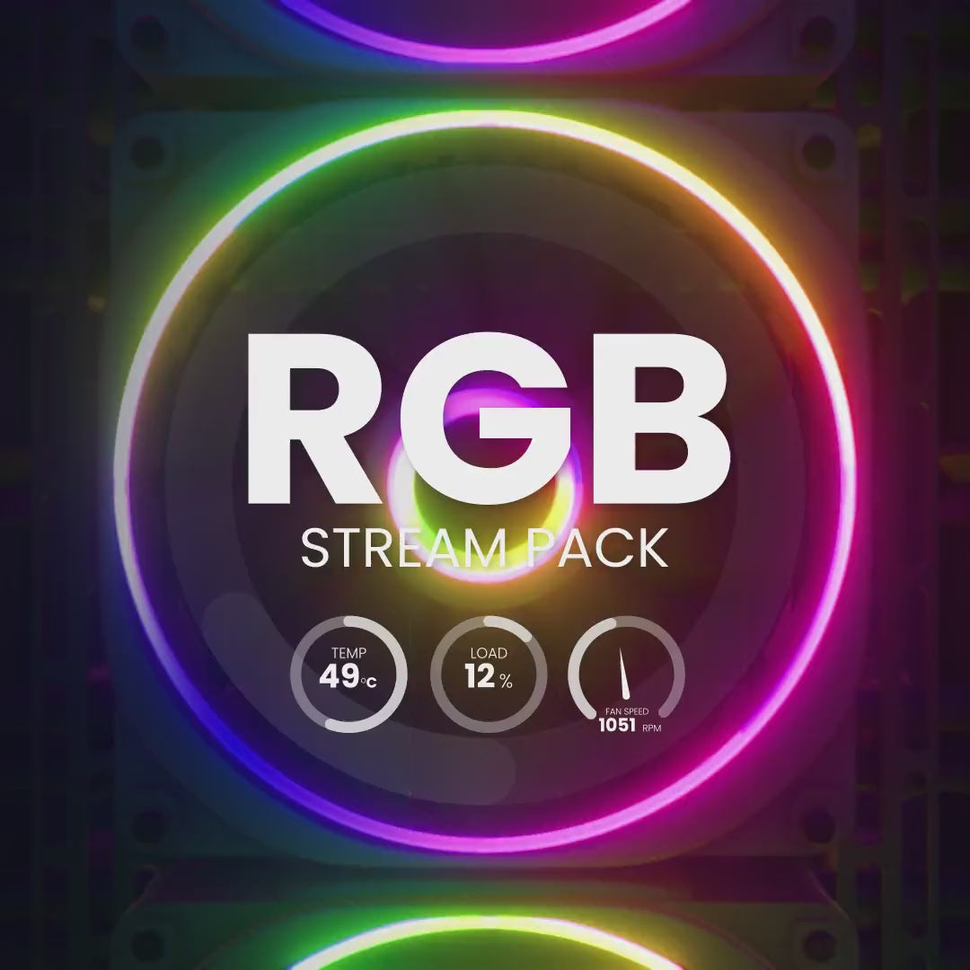 RGB Stream Pack. 3D animated stream overlays. Colorful circular lights with bold white text.