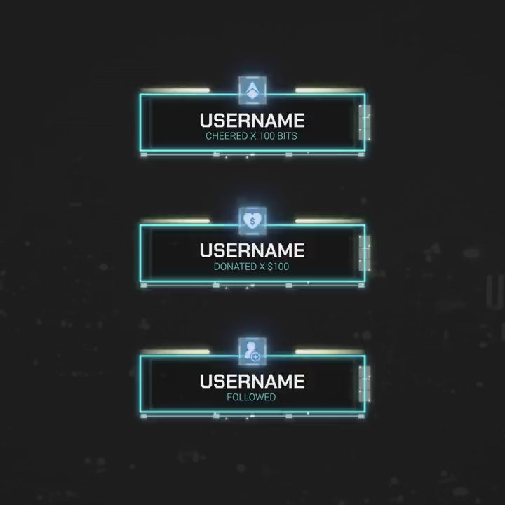 Neon Tech Animated Stream Alerts with dynamic text for follows, donations, and cheers.