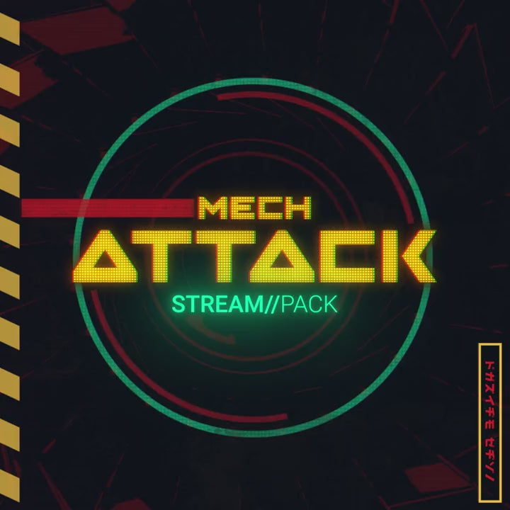 Mech Attack Stream Pack. Futuristic animated overlay design with neon colors and geometric patterns.