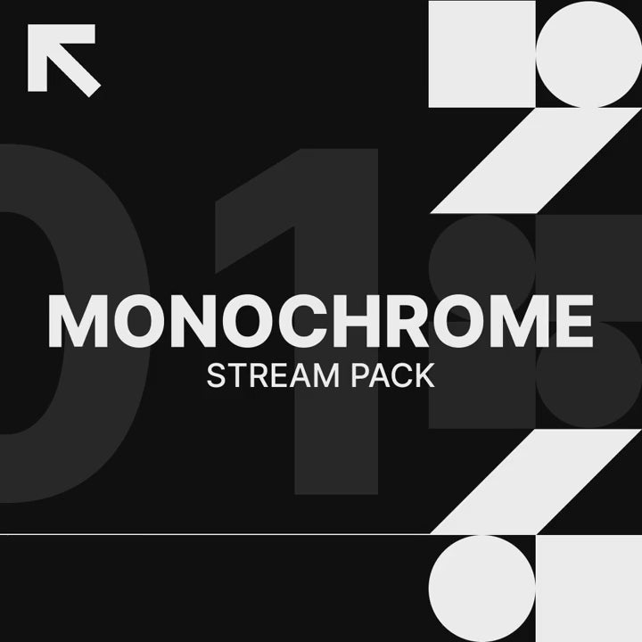 Monochrome Stream Pack. Animated stream overlays with geometric shapes on a black background.