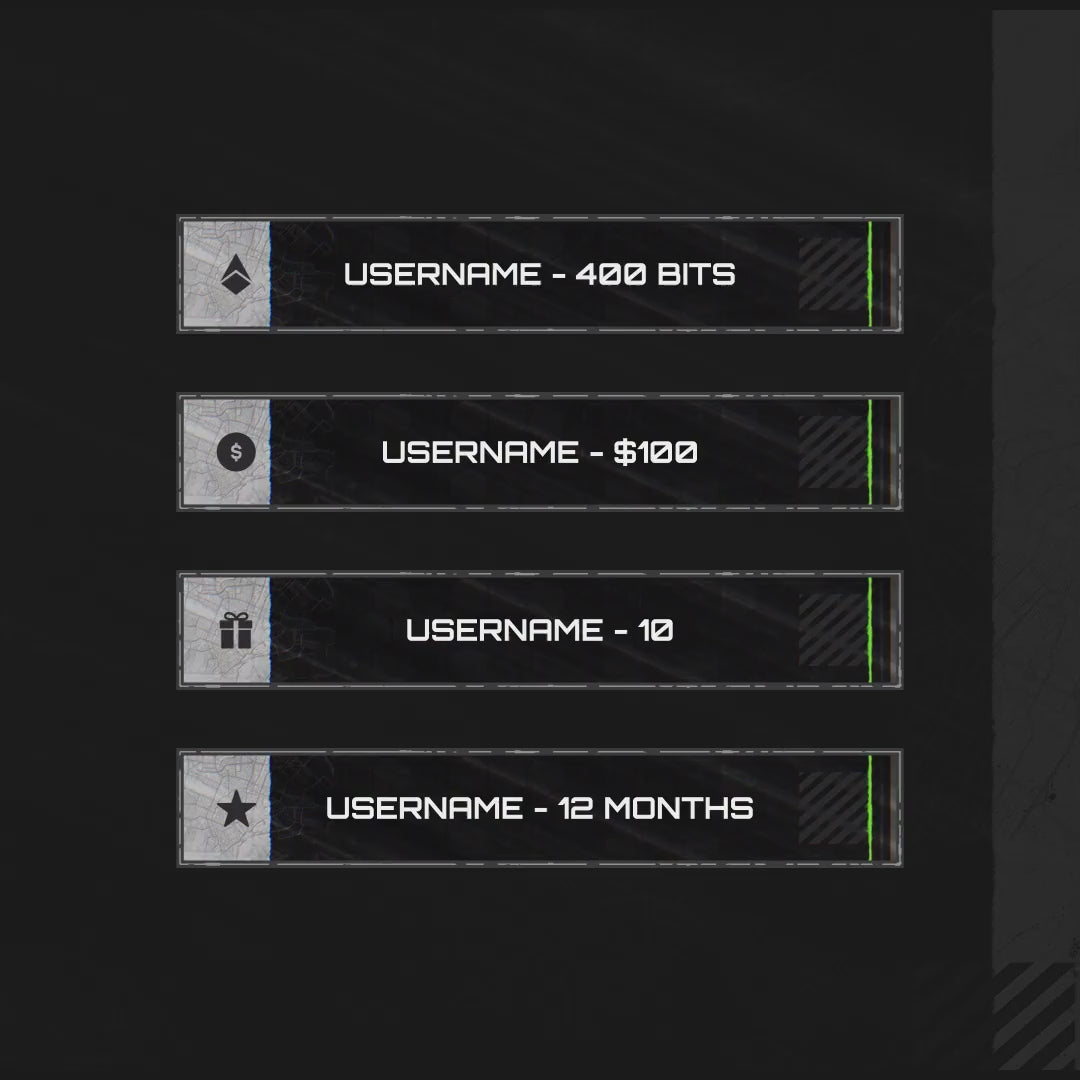 Tactical Animated Stream Overlays. Black background with green accents and donation alerts.