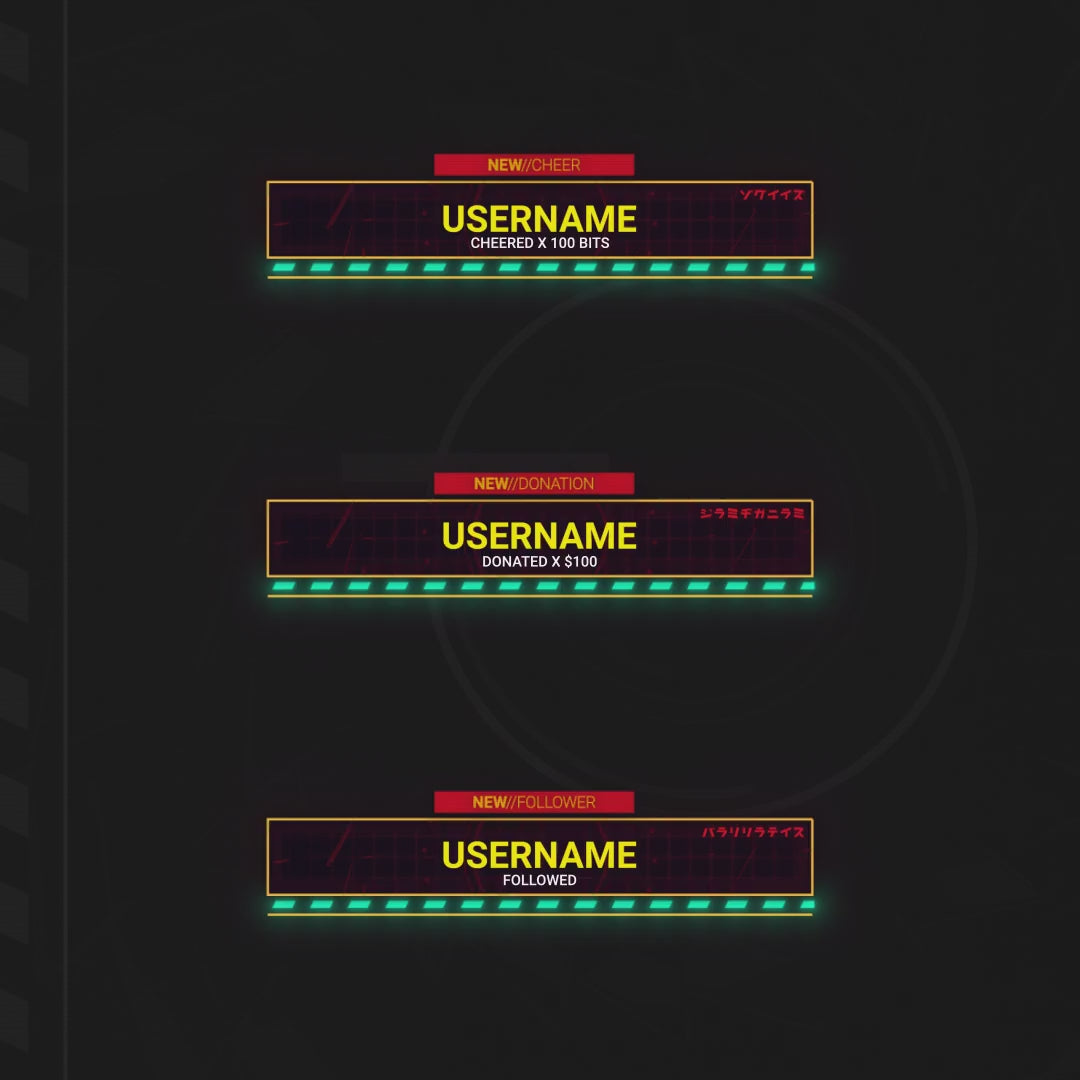 Mech Attack Animated Twitch Alerts. Bright neon colors with dynamic usernames and alerts.