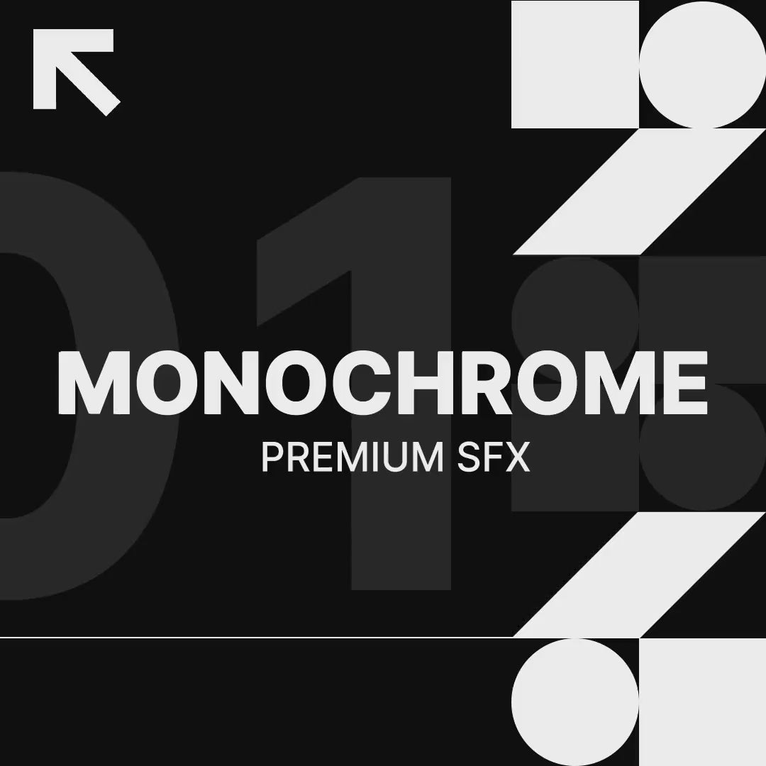 Monochrome Premium Sound Effects. Black background with abstract shapes and white text.