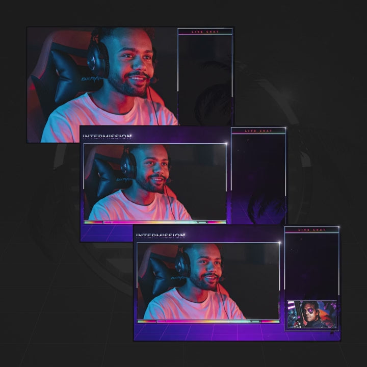 Hyperchrome Animated Stream Overlays. Vibrant purple design with integrated webcam frames and animated elements.