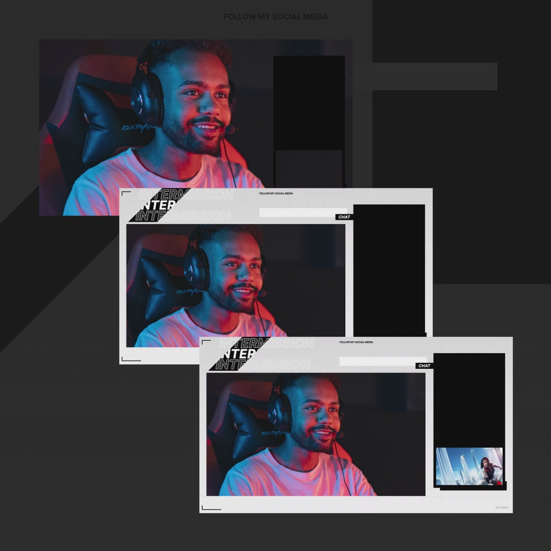 Modern Glitch Animated Stream Overlays. Stylish frames on dark background with animated elements.