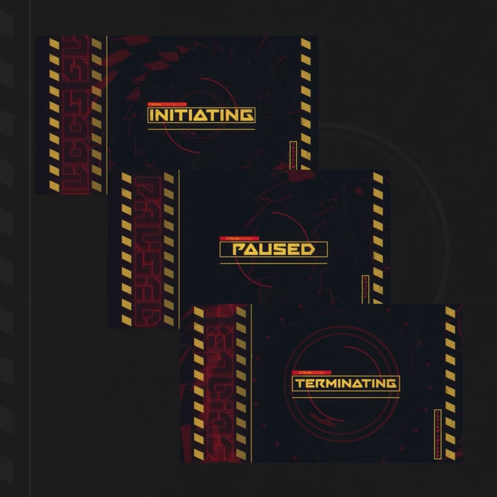 Mech Attack Stream Overlays. Animated scenes: 'Initiating', 'Paused', 'Terminating' in bold yellow.