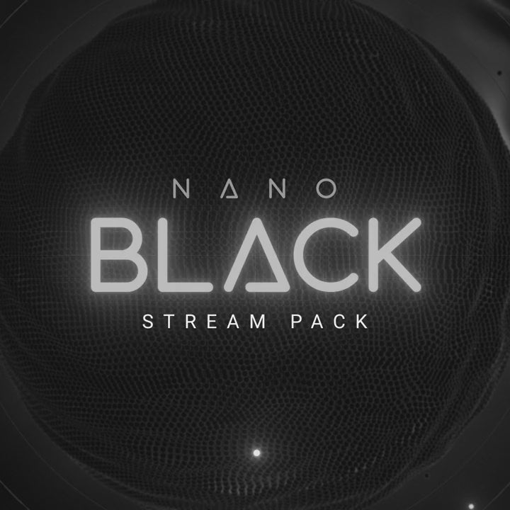 Nano Black Stream Pack. 3D animated overlays. Black geometric background with white text.