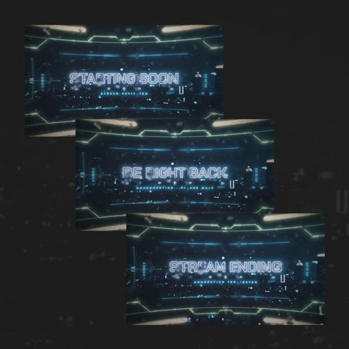 Neon Tech Animated OBS Scenes. "Starting Soon," "Be Right Back," "Stream Ending" on a futuristic backdrop.