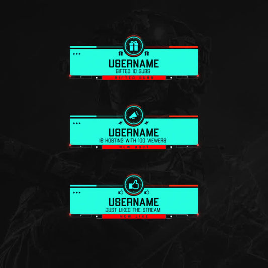 Battlezone Static Stream Alerts. FPS-inspired design with red and blue text. Notifications for stream events.