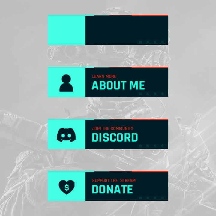 Battlezone Twitch Panels. Blue and orange themed. "Learn more. About me" "Join the community. Discord" "Support the stream. Donate"