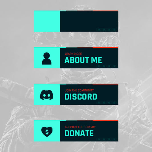 Battlezone Twitch Panels. Blue and orange themed. "Learn more. About me" "Join the community. Discord" "Support the stream. Donate"