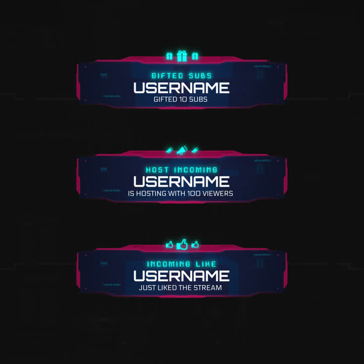 Cyberpunk Static Stream Overlays. Dark background with neon blue and pink alert panels.