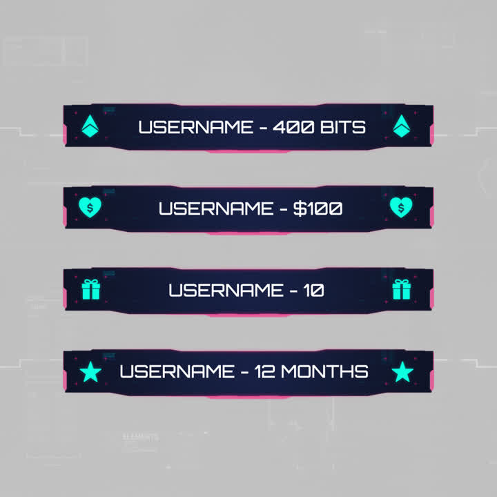 Cyberpunk Stream Overlays. Dark background with neon accents. Donation and subscriber alerts shown.