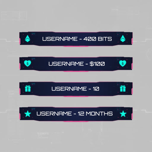 Cyberpunk Stream Overlays. Dark background with neon accents. Donation and subscriber alerts shown.