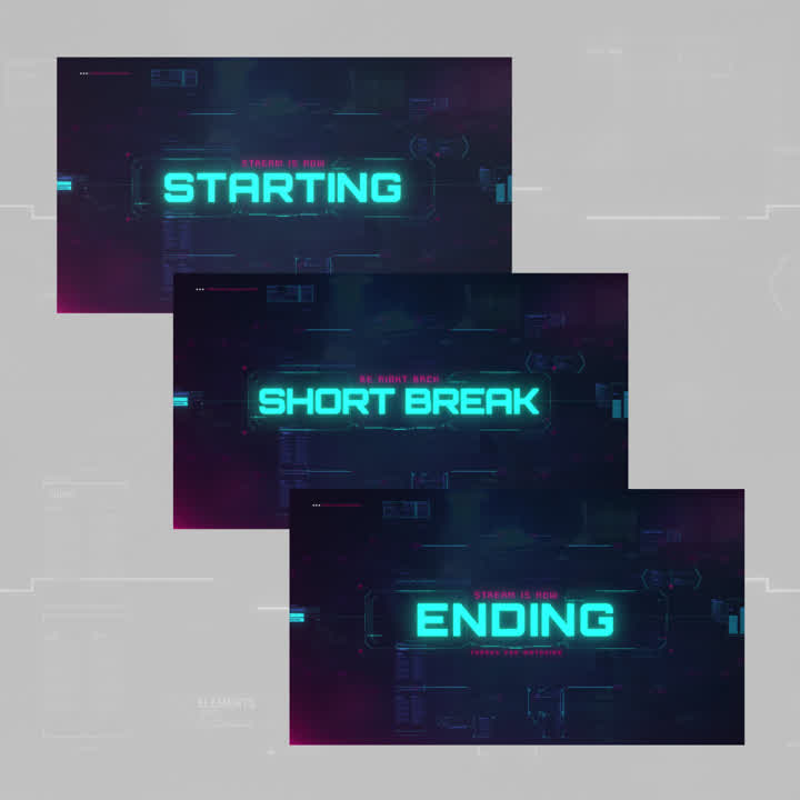 Cyberpunk Stream Overlays. Neon blue text on dark background: "Starting," "Short Break," "Ending."