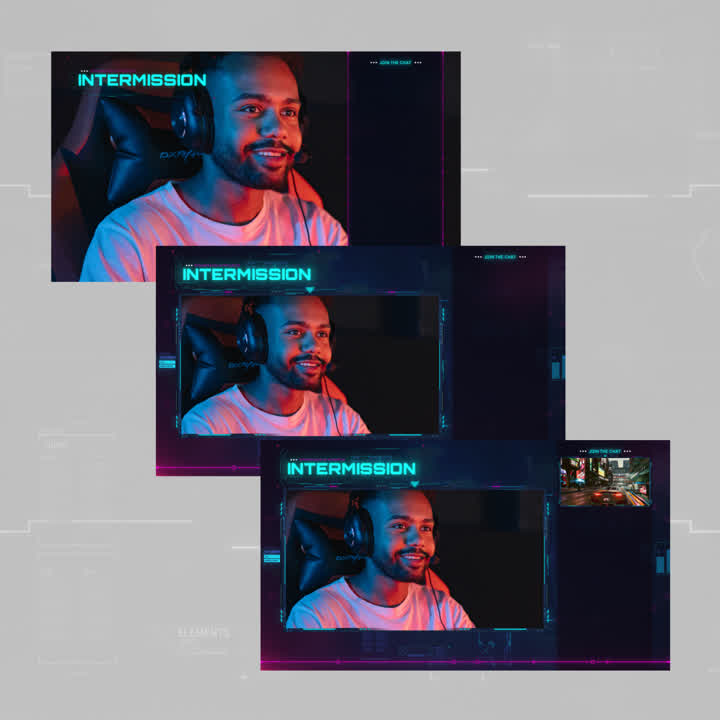 Cyberpunk Static Stream Overlays. Three layouts with "INTERMISSION" text and vibrant neon colors.