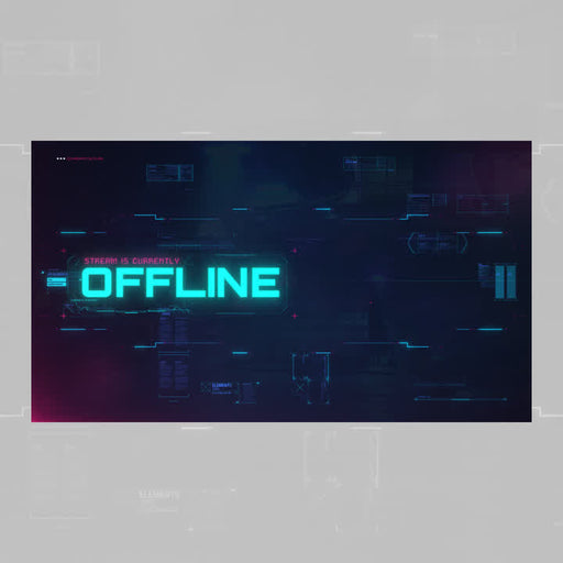 Cyberpunk stream overlay with neon blue "SYSTEM IS CURRENTLY OFFLINE" text. Dark tech background.