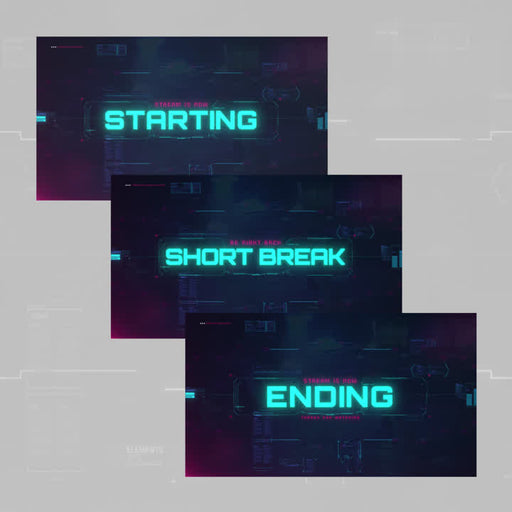 Cyberpunk Static OBS Scenes. "Starting," "Short Break," "Ending" with neon blue text on dark background.