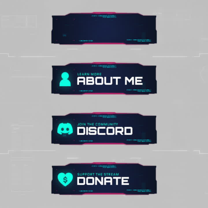 Cyberpunk Twitch Panels. Futuristic design with neon blue and pink. "Learn more. About me" "Join the community. Discord" "Support the stream. Donate"