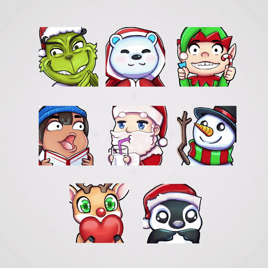 Christmas Animated Emotes. Eight festive designs featuring holiday characters and themes.