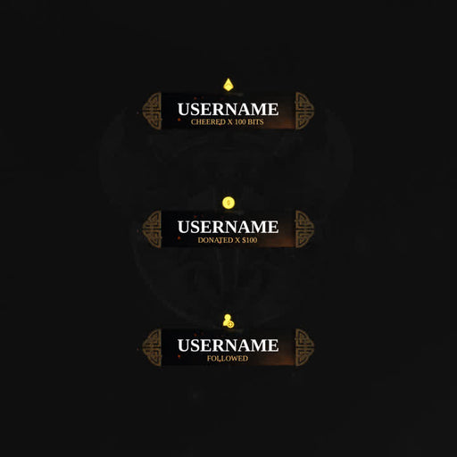 Dark Realm Stream Alerts. Black with gold accents. "Username cheered x100 bits", "donated x100", "followed".