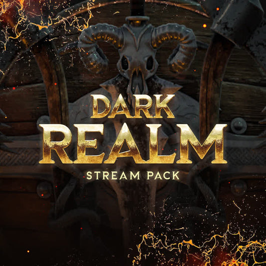 Dark Realm Stream Pack. Dark Souls inspired overlays. Dark background with gold text and detailed imagery.
