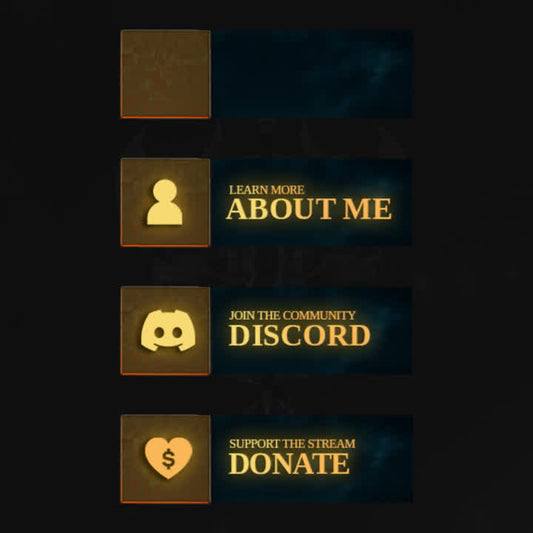 Dark Realm Twitch Panels in dark theme. Features "About Me," "Discord," and "Donate" text.