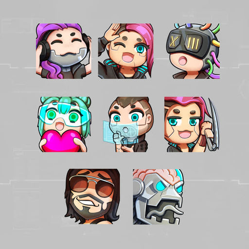 Cyberpunk Twitch emotes. 8 unique designs with vibrant colors and playful expressions.