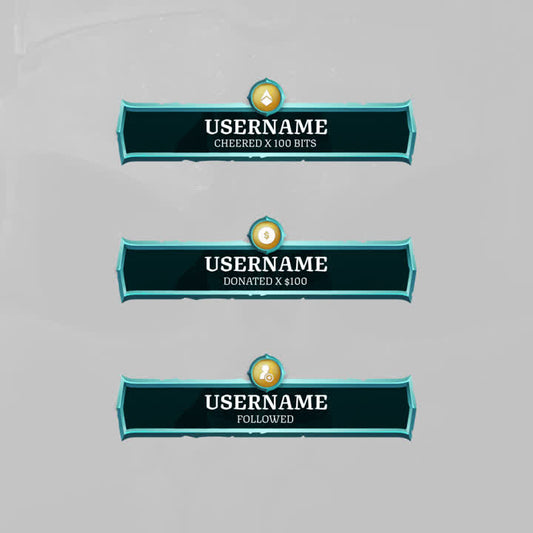 Galleon Static Stream Alerts. Pirate-themed alerts with teal and gold accents. "Username..."