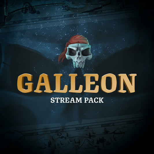 Galleon Stream Pack. Pirate-themed static stream overlays with skull and ocean background.