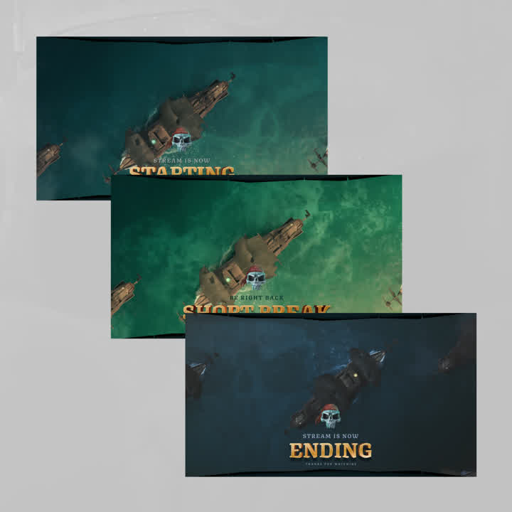 Galleon Static OBS Scenes. Ocean-themed backgrounds with text: "Starting," "BRB," "Ending."