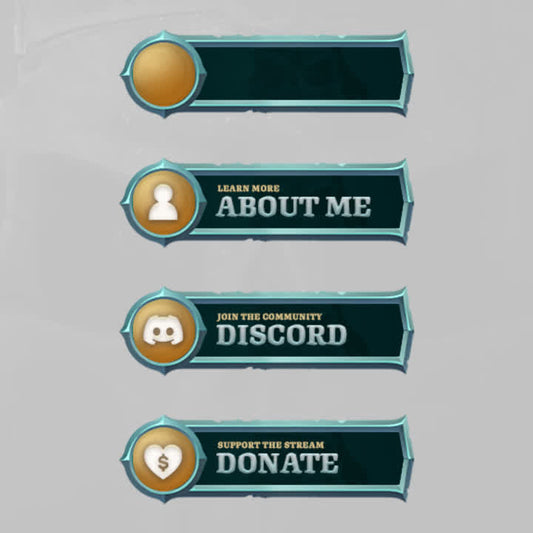 Galleon Twitch Panels. Editable panels with gold accents. "Learn more. About me" "Join the community. Discord" "Support the stream. Donate"